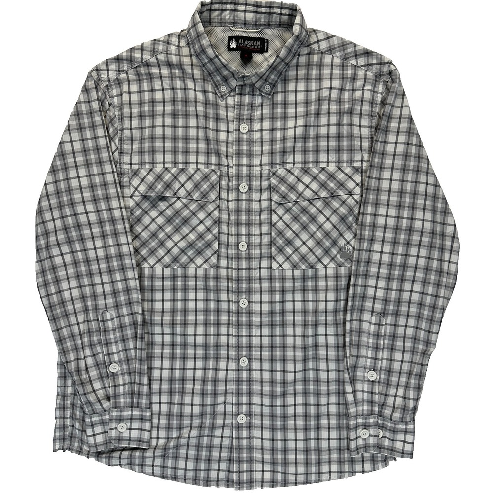 Alaskan Hardgear Mens Large Gray Plaid Fishing Shirt Vented Long Sleeve Outdoor